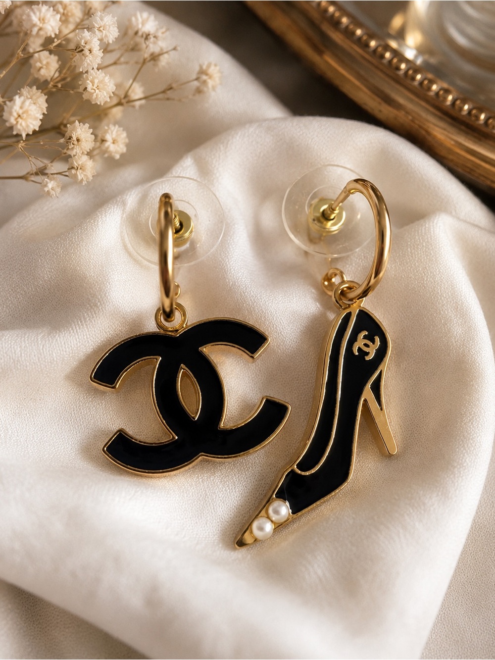 Authentic CHANEL 02A CC Logo & High Heel Mismatched Drop Earrings Black Gold